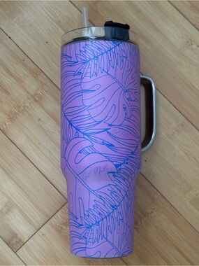 Pink and Blue Monstera/Leaf Print Get Nutz Insulated Travel Mug with Handle